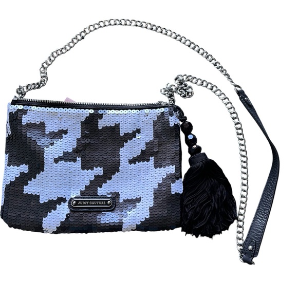 Juicy Couture Black White Sequin Chain Leather Strap Houndstooth Evening Bag GUC - Picture 2 of 6